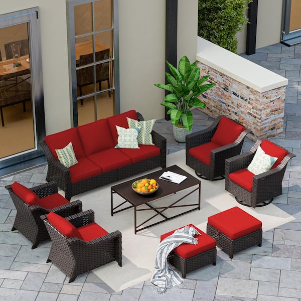 MeetLeisure 8-Piece Wicker Outdoor Patio Conversation Set Swivel Rocker Chairs with Red Cushions