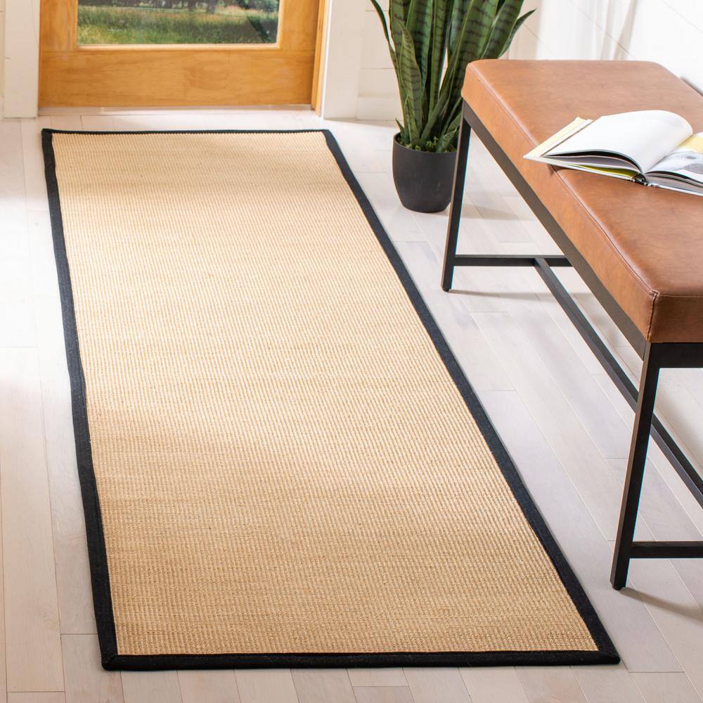 Beige and Black Sisal Runner Rug with Border, 2'6" x 6'