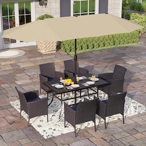 Black 8-Piece Metal Patio Outdoor Dining Set with Rectangle Table, Beige Umbrella and Rattan Chairs with Blue Cushion