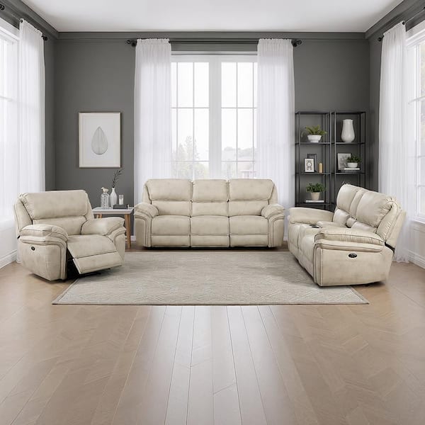 Arlo 90 in. W Pillow Top Arm Microfiber Rectangle Power Double Reclining Sofa Set in Sand, 3-Piece