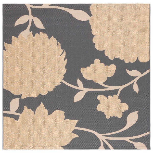 Courtyard Anthracite/Beige 7 ft. x 7 ft. Floral Scroll Indoor/Outdoor Square Area Rug