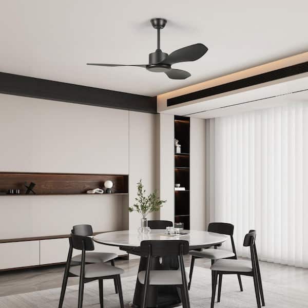 48 in. Indoor Modern Windmill Black Semi Flush Mount Ceiling Fan for Bedroom or Living Room, with Downrod
