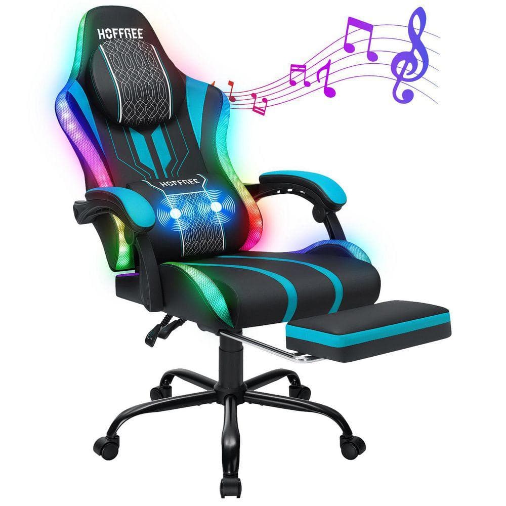 Big and Tall Faux Leather Led Gaming Chair with Speakers and Massage Ergonomic Game Chair in Black&Blue with Footrest