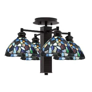 Albany 18.25 in. 4-Light Espresso Semi-Flush with Blue Mosaic Art Glass Shades