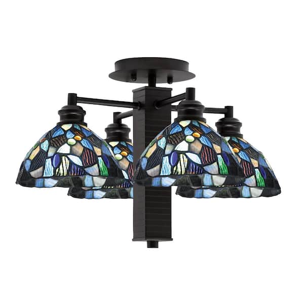 Unbranded Albany 18.25 in. 4-Light Espresso Semi-Flush with Blue Mosaic Art Glass Shades