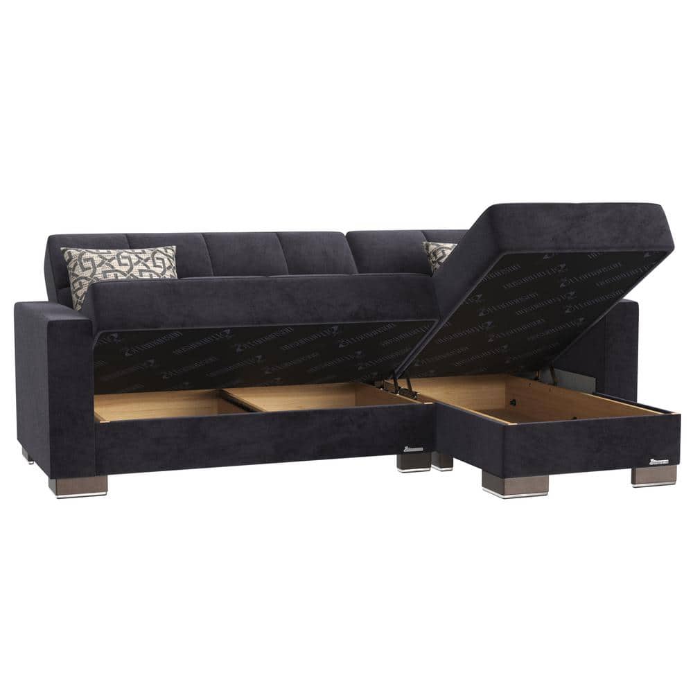 Reversible L-Shaped Black Microfiber Sectional with Storage and Metal Frame