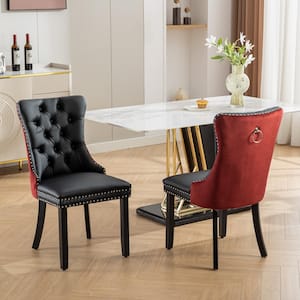 Set of 2 High-End Tufted Faux Leather Dining Room Chair with Nailhead Back Ring Pull Trim Solid Wood Legs - Red/Black