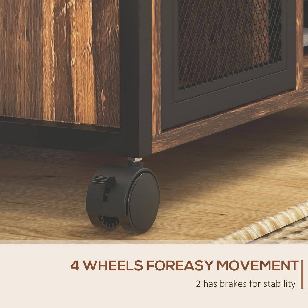 Rustic Brown Mobile Printer Stand with Storage Cabinet and USB Ports