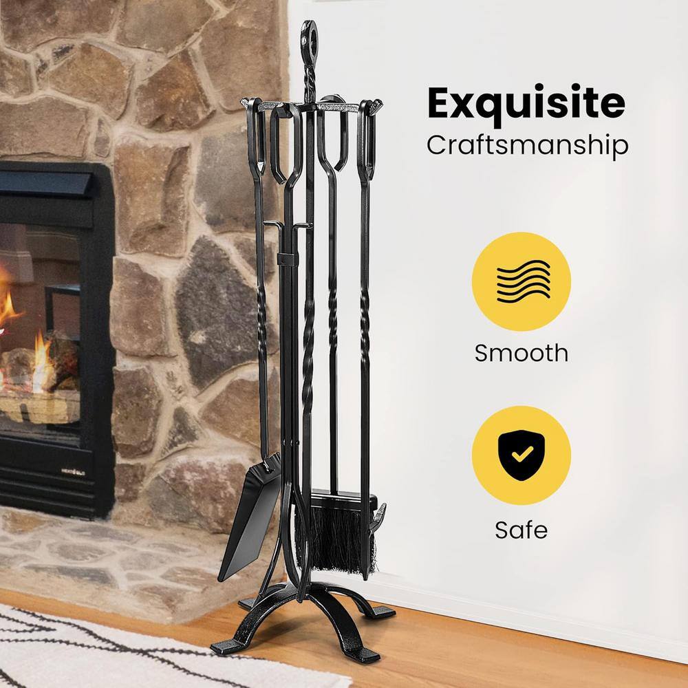 Modern Black Wrought Iron 5-Piece Fireplace Tool Set