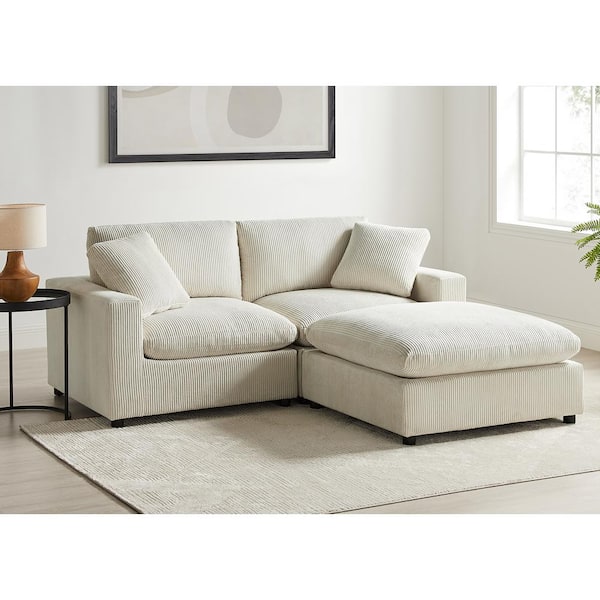 Casella 80 in. Square Arm 3-Piece Polyester Corduroy Fabric Straight Sectional Sofa in Beige