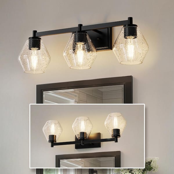 25 in. 3-Light Black Vanity Light with Cone Glass Shades for Bathroom, Vanity, Entryway