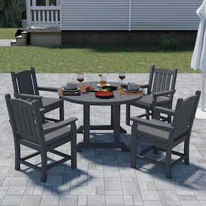 Gray 5-Piece Plastic Round Outdoor Dining Set with Armrests and Gray Cushions