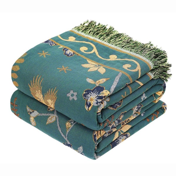 60 in. x 80 in. Boho 100% Cotton Large Throw Blanket All Season Rustic Ultra Soft Breathable Floral Bird Blanket for Bed