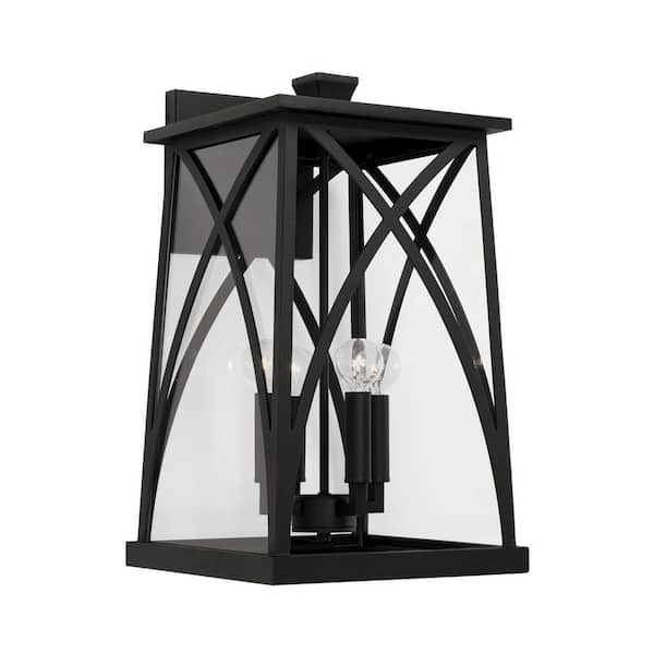 Marshall 20 in. 4-Light Black Outdoor Hardwired Large Wall Lantern Sconce with Clear Glass and No Bulbs Included