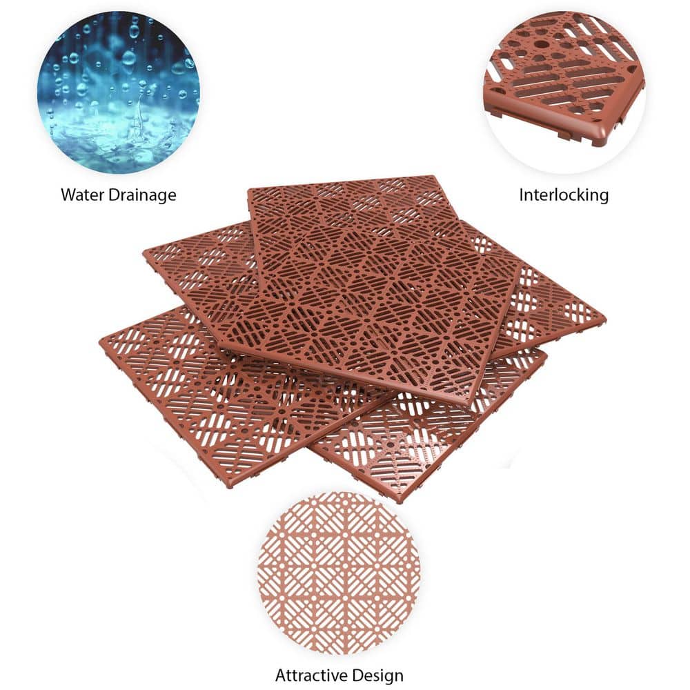 Terracotta Polypropylene Interlocking Outdoor Deck Tiles, 30-Pack