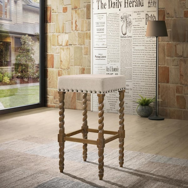 Remick 30 in. Natural Oak Barley Twist Upholstered Stool