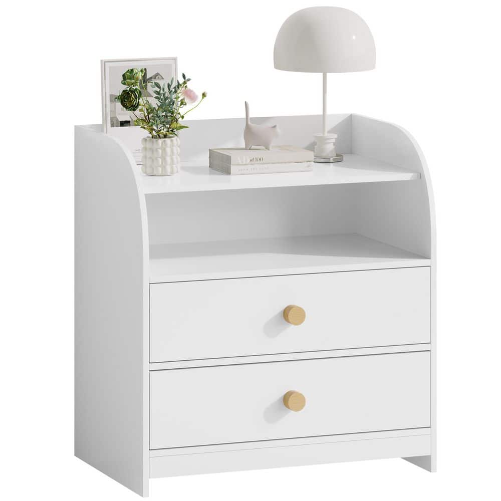 Modern White 2-Drawer Nightstand with Open Shelf and Curved Side Panels