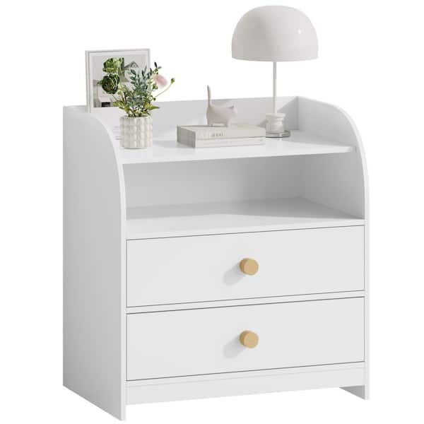 Modern White 2-Drawer Nightstand with Open Shelf and Curved Side Panels
