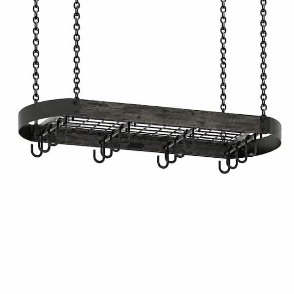 Black Wall Mounted Iron Pot Rack with 2 Tier Hanging Rails, 12 S-Hooks and Space Saving Kitchen Organizer