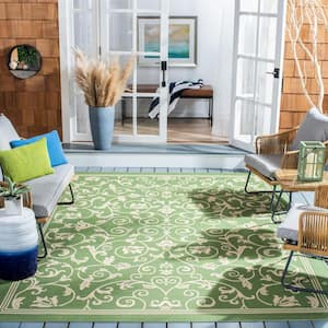 Courtyard Olive/Natural 8 ft. x 10 ft. Border Scroll Floral Indoor/Outdoor Patio  Area Rug