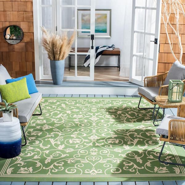 Courtyard Olive/Natural 8 ft. x 10 ft. Border Scroll Floral Indoor/Outdoor Patio  Area Rug