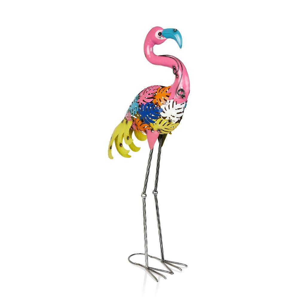 Colorful Metal Flamingo Garden Statue with Palm Leaf Design
