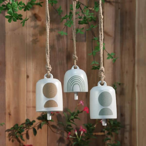4 in. Green Ceramic Hanging Bell Rainbow with Jute Hanger
