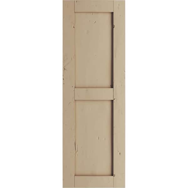 Ekena Millwork 18 in. x 34 in. Flat Panel Timberthane Polyurethane 2 Equal Panel Knotty Pine Faux Wood Shutters Pair