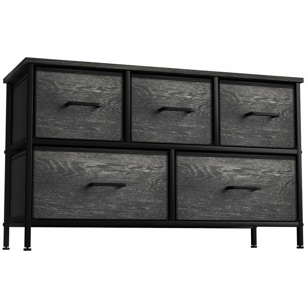 Black Fabric and Wood 5-Drawer Horizontal Dresser