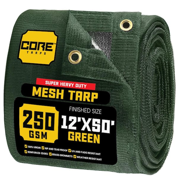 CORETARPS 12 ft. X 50 ft.  Green 250 GSM 7.5 OZ. Heavy Duty Mesh Tarp, UV Resistant