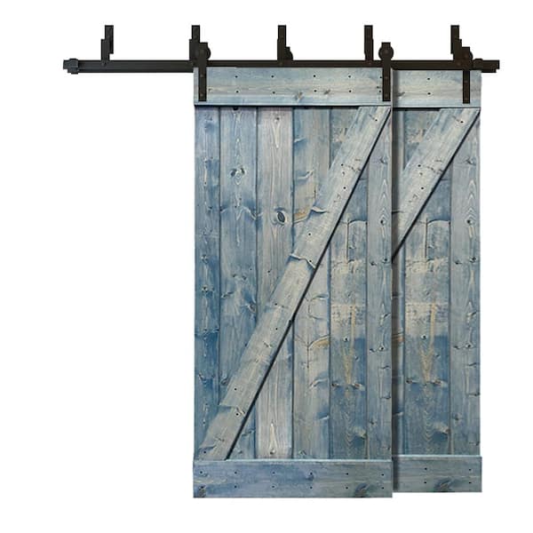 CALHOME 76 in. x 84 in. Z Bar Bypass Denim Blue Stained Solid Pine Wood Interior Double Sliding Barn Door with Hardware Kit