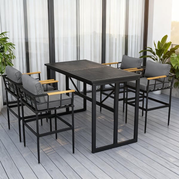 Coporesell Black 5-Piece Metal Outdoor Dining Set with Gray Cushion