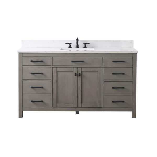 Jasper 60 in. W x 22 in. D Bath Vanity in Textured Gray with Engineered Stone Top in Carrara White with White Sink