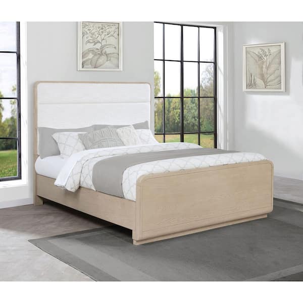 Ladera Light Elm Frame Queen Panel Bed with Cream Boucle Upholstered Headboard