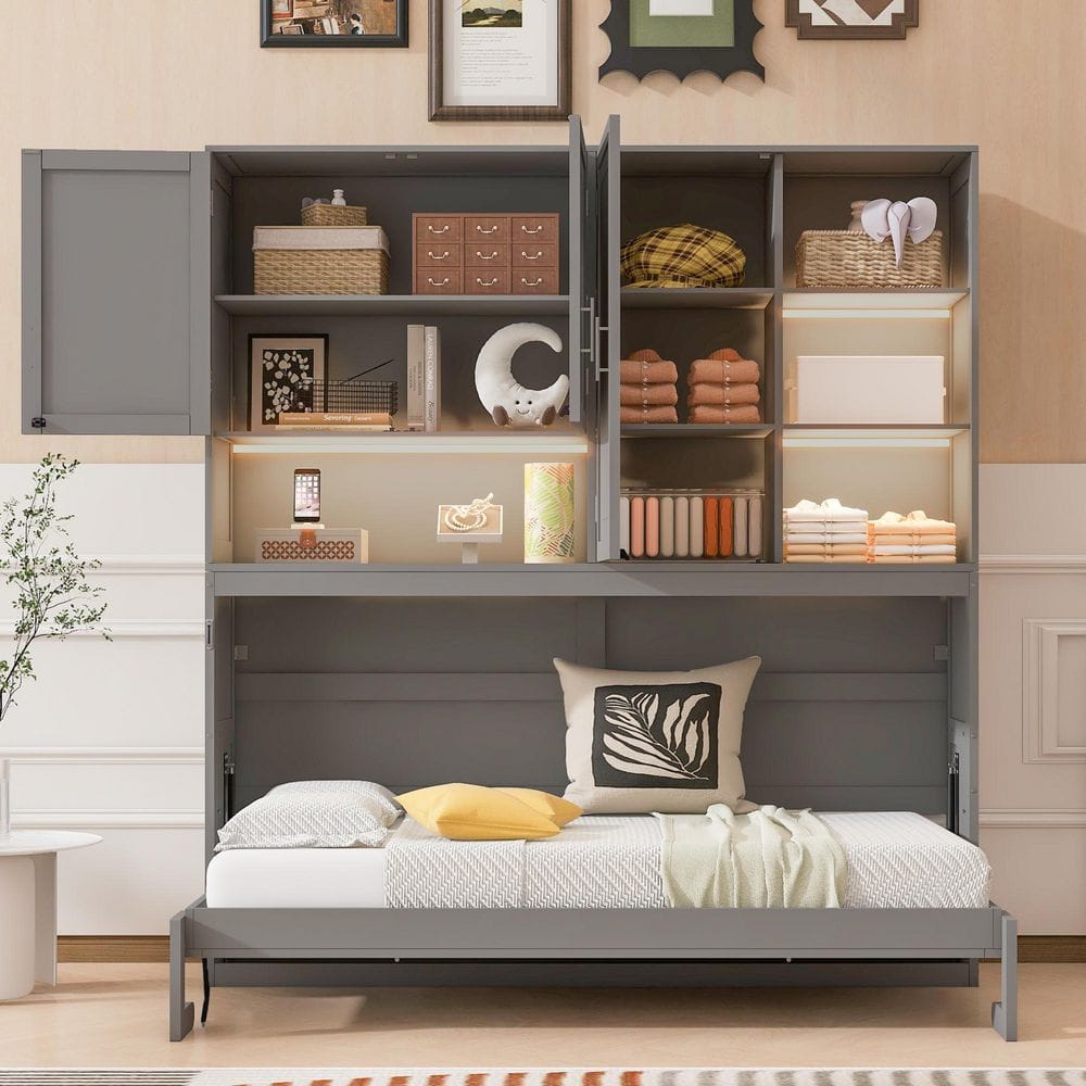 Gray Wood Frame Twin Size Murphy Bed Wall Bed with Shelves, Cabinets, Light, USB price history on PriceWatchPro