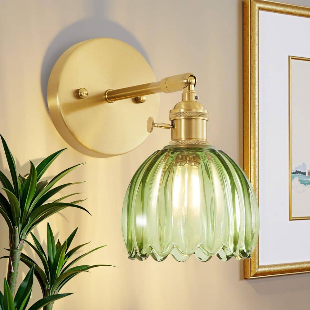 5.09 in. 1-Light Gold Vintage Modern Industrial Wall Sconce with Tulip Green Glass Shade for Bedside Bedroom Doorway price history on PriceWatchPro