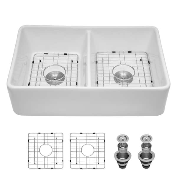32 in. Farmhouse Double-Bowl (50/50) 16-Gauge White Ceramic Kitchen Sink with Basket Strainer