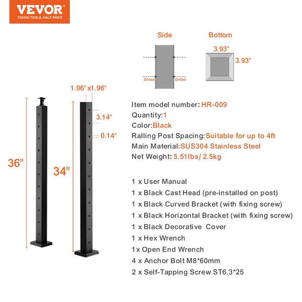 VEVOR Cable Railing Post 36 in. L x 2 in. W x 2 in. H Level Deck Railing Post Without Holes SUS304 Stainless Steel Rail Post