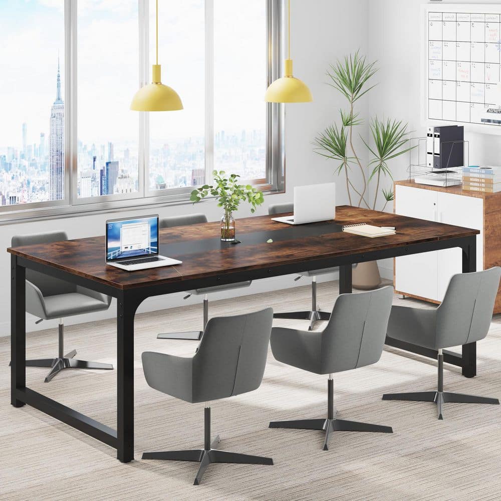 70.8 in. Rectangular Brown and Black Engineered Wood Large Computer Desk Study Writing Table for Home Office