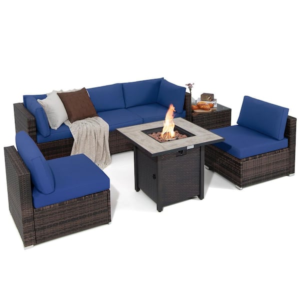 Costway 7-Piece Wicker Patio Conversation Set 30 in. Fire Pit Table Cover Rattan Sofa with Navy Cushions