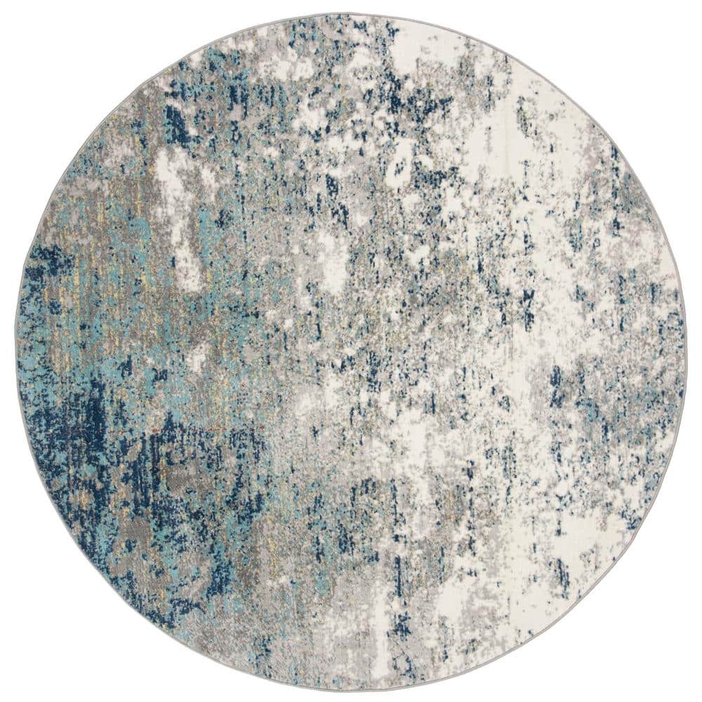 Contemporary Abstract Grey/Blue Synthetic Round Rug - 5'