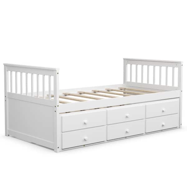 Costway Twin Captain's Bed Bunk Bed Alternative w/ Trundle and Drawers for Kids White