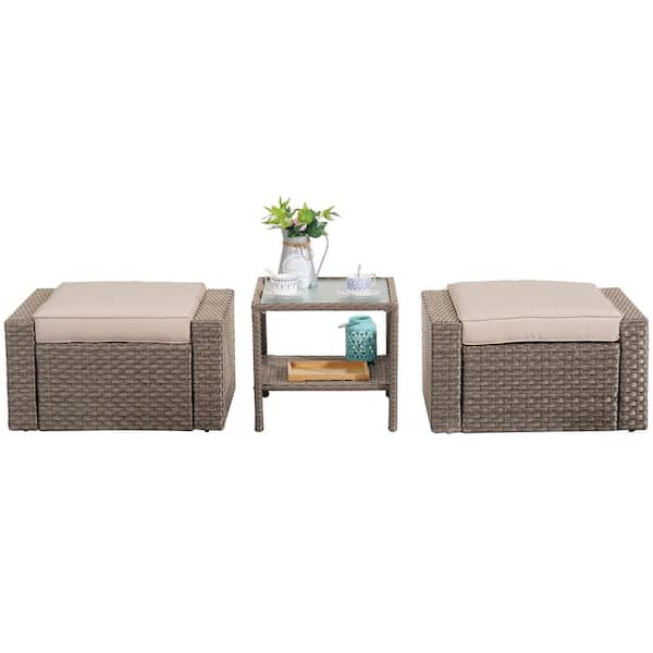 Anvil Brown Wicker Outdoor Ottomans Patio Conversation Sets with Khaki Cushions and Glass Coffee Table (2-Pack)