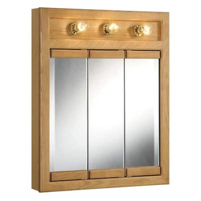 Richland 24 in. x 30 in. x 5 in. Surface-Mount 3-Light Tri-View Bathroom Medicine Cabinet in Nutmeg Oak