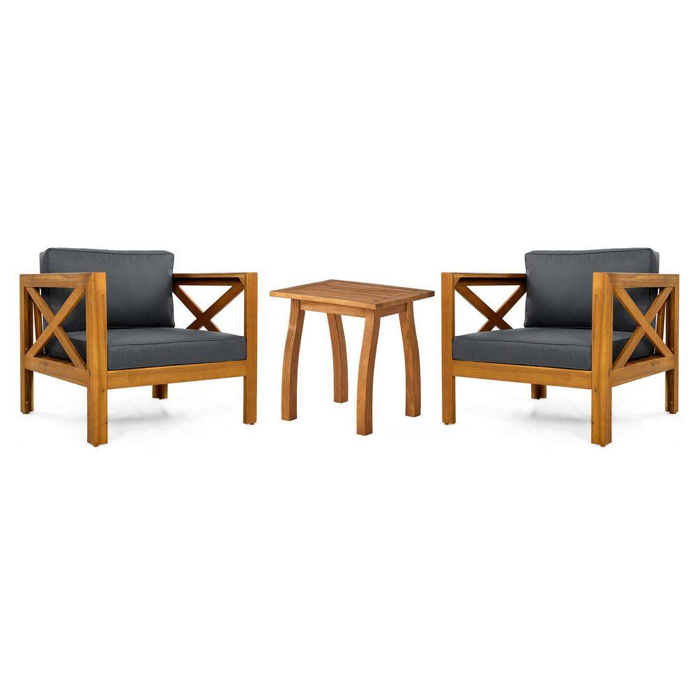 3-Piece Acacia Wood Patio Conversation Set with Dark Gray Cushions, Outdoor Furniture Set for Backyard, Garden price history on PriceWatchPro