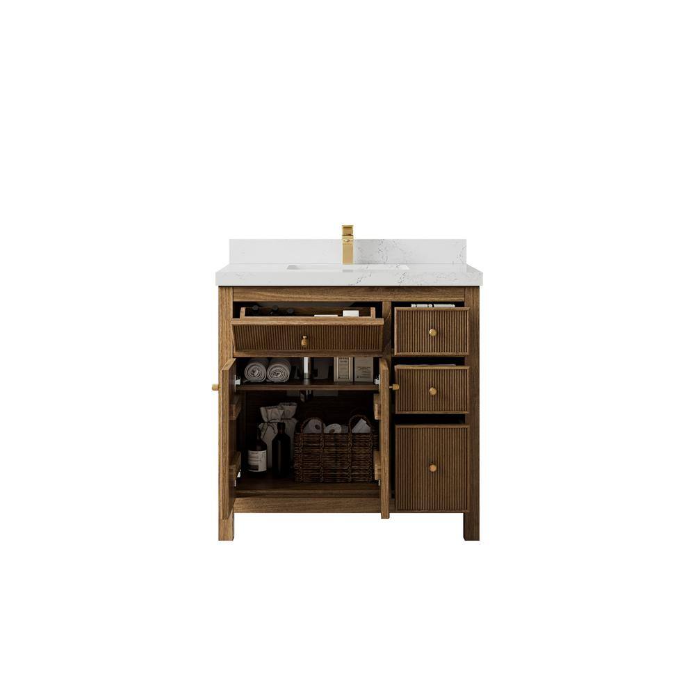 36'' Teak and Quartz Single Bathroom Vanity with Brass Knobs