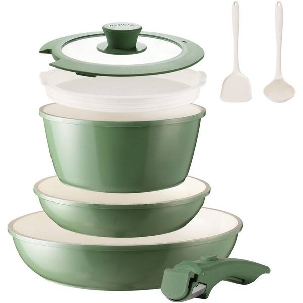8-Piece Green Ceramic Nonstick Cookware Set with Removable Handle, Stackable, Multi-Cooktop Compatible