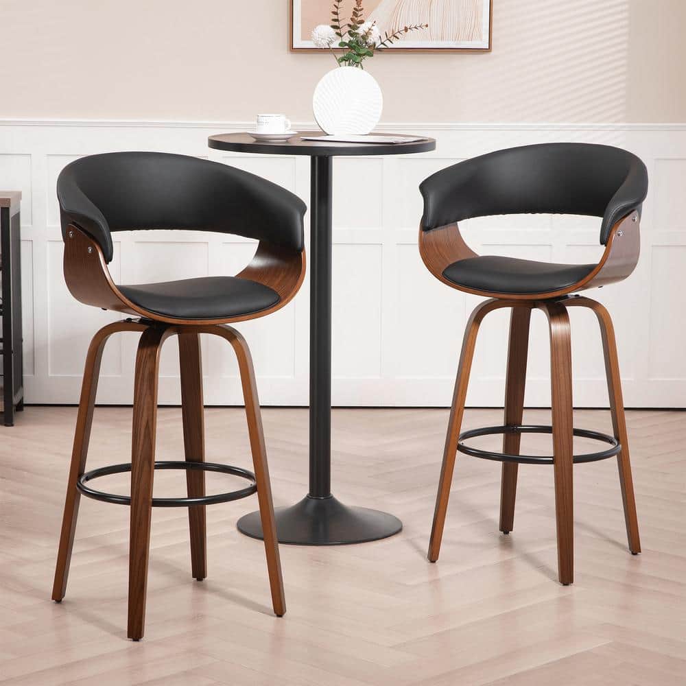 Beale Black Faux Leather Bar Stool with Walnut Wood Legs