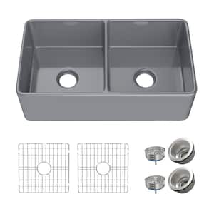 Farmhouse Kitchen Sink 33 in. Apron Front Double Bowl 50/50 Gray Fireclay Kitchen Sink with Bottom Grids Farm Sink