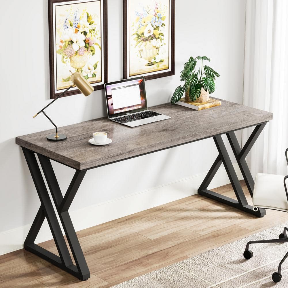 Gray 55" Adjustable Height Wood Writing Desk with Z-Shaped Metal Legs